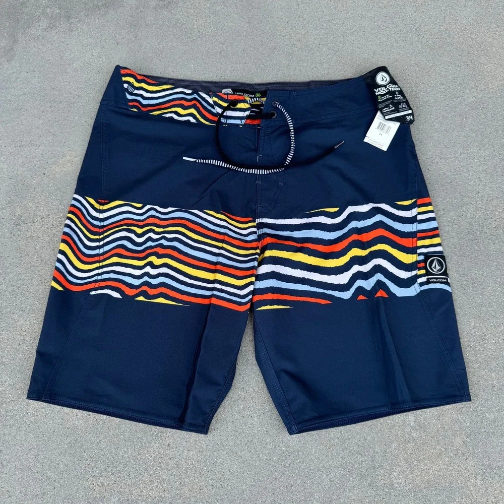 Volcom Mod-Tech Board Shorts Mens 34 Navy Blue Stripe‎ 4-Way Stretch NEW